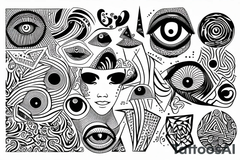 geometric shapes with psychedelic patterns and eyes tattoo idea
