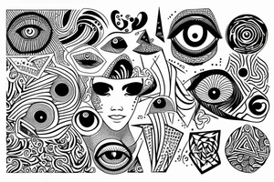 geometric shapes with psychedelic patterns and eyes tattoo idea