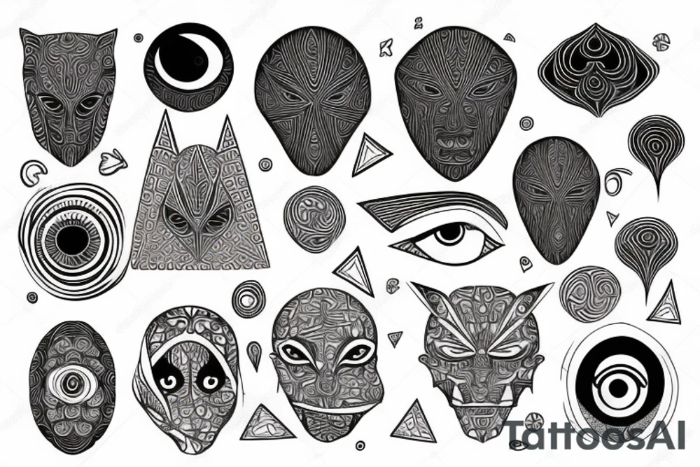 geometric shapes with psychedelic patterns and eyes tattoo idea