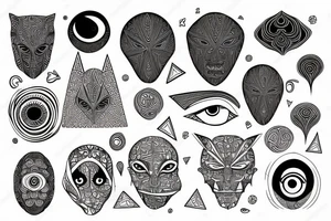 geometric shapes with psychedelic patterns and eyes tattoo idea