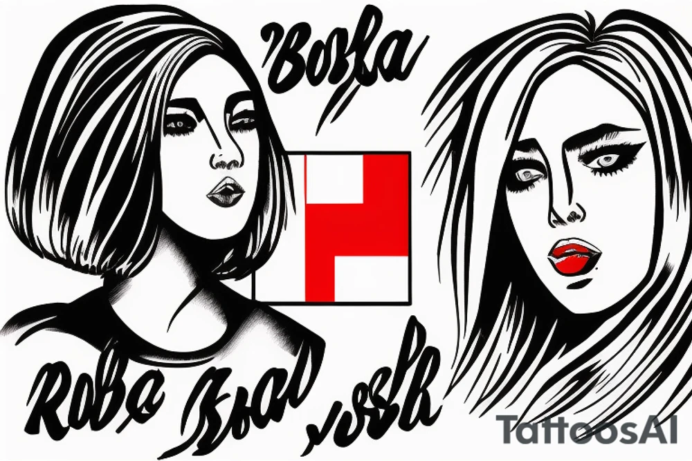 woman kneeling, bob haircut Russian flag tattoo idea