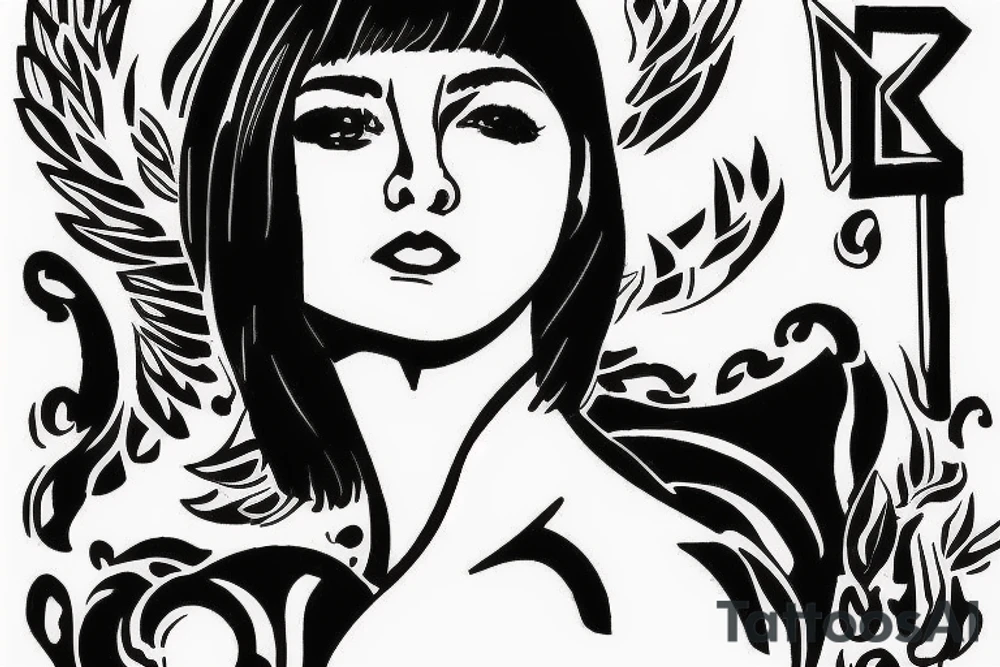 woman kneeling, bob haircut Russian flag tattoo idea