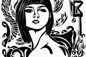 woman kneeling, bob haircut Russian flag tattoo idea