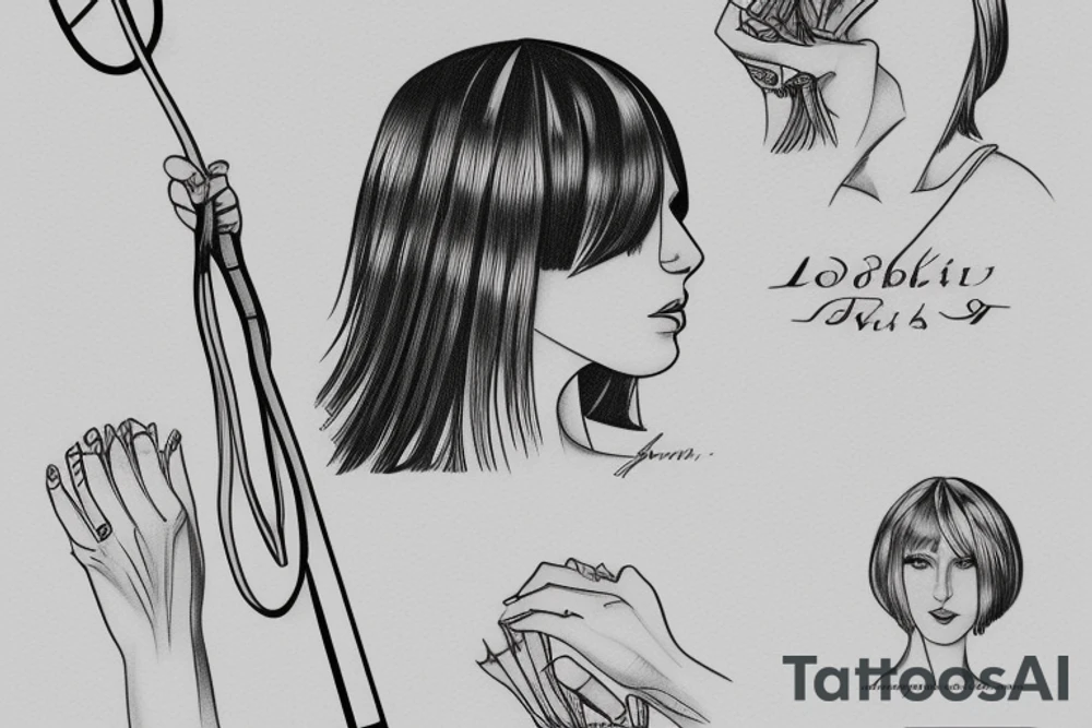 woman kneeling, bob haircut 
Script “property of vlad” riding crop tattoo idea