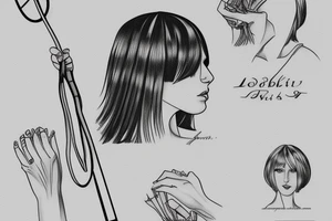 woman kneeling, bob haircut 
Script “property of vlad” riding crop tattoo idea