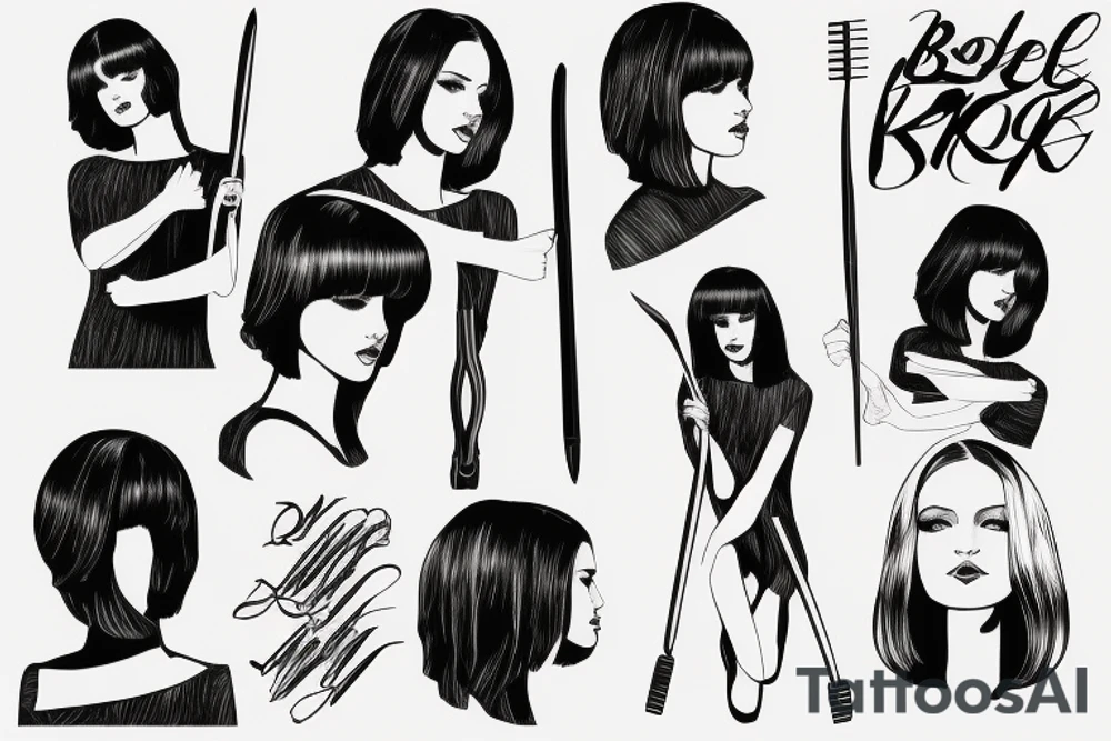 woman kneeling, bob haircut 
Script “property of vlad” riding crop tattoo idea