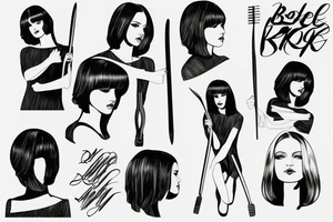 woman kneeling, bob haircut 
Script “property of vlad” riding crop tattoo idea