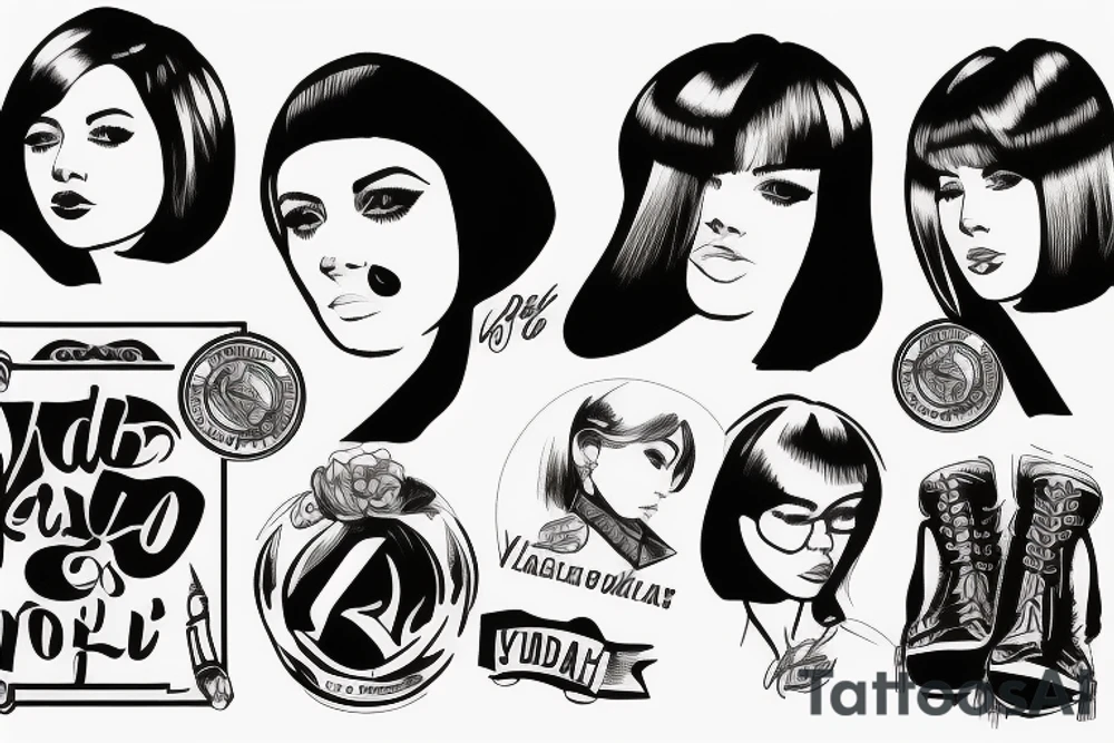 “Property of Vlad”. “Cccp”
 woman kneeling, bob haircut tattoo idea