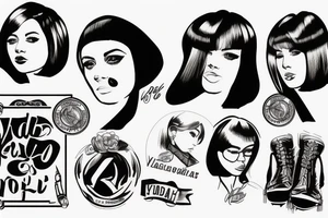 “Property of Vlad”. “Cccp”
 woman kneeling, bob haircut tattoo idea