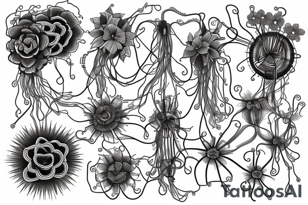 Circuitry and wires that transform into roots and flowers tattoo idea