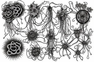 Circuitry and wires that transform into roots and flowers tattoo idea