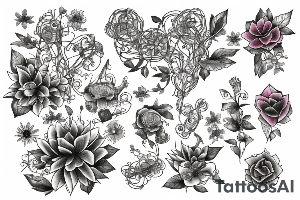Circuitry and wires that transform into roots and flowers tattoo idea