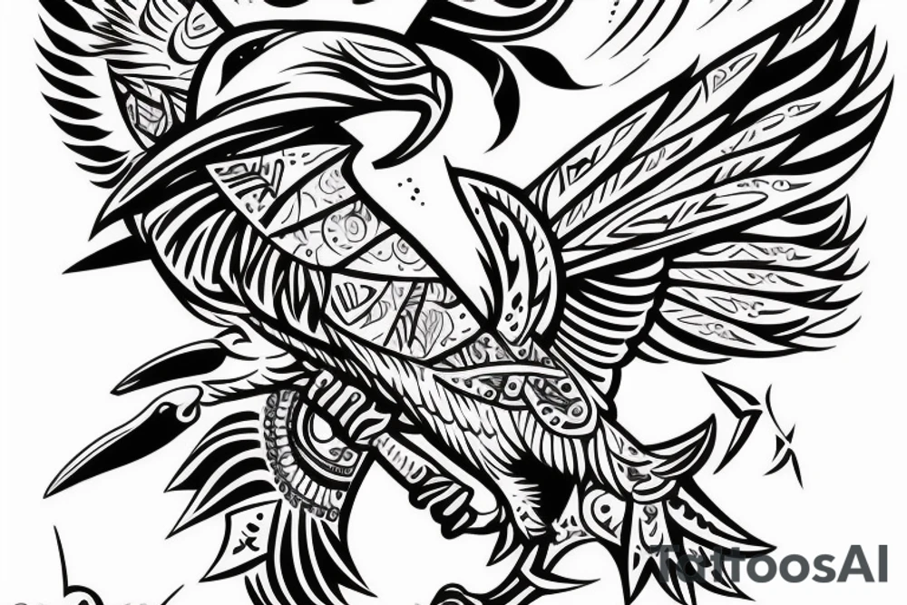 Tribal bird with ukraine trident and words borislav incorporated in bird design tattoo idea