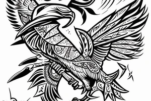 Tribal bird with ukraine trident and words borislav incorporated in bird design tattoo idea