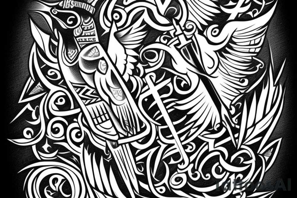 Tribal bird with ukraine trident and words borislav incorporated in bird design tattoo idea