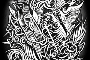 Tribal bird with ukraine trident and words borislav incorporated in bird design tattoo idea