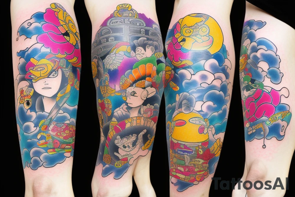 Japanese leg sleeve colorfull tattoo idea