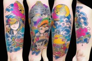 Japanese leg sleeve colorfull tattoo idea