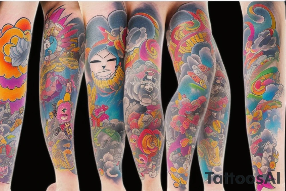 Japanese leg sleeve colorfull tattoo idea