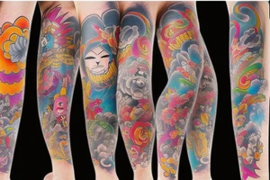 Japanese leg sleeve colorfull tattoo idea