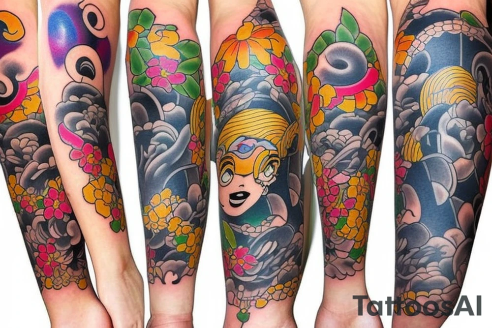 Japanese leg sleeve colorfull tattoo idea