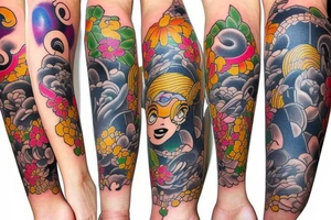 Japanese leg sleeve colorfull tattoo idea