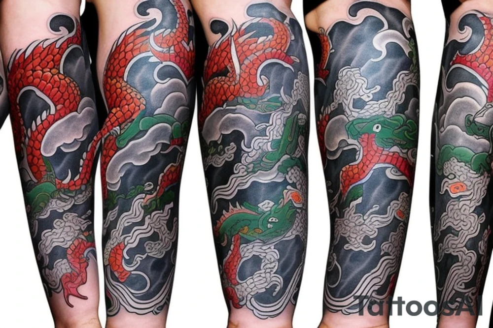 New school style japanese leg sleeve with asian dragons and fantasy spirits. tattoo idea