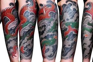 New school style japanese leg sleeve with asian dragons and fantasy spirits. tattoo idea