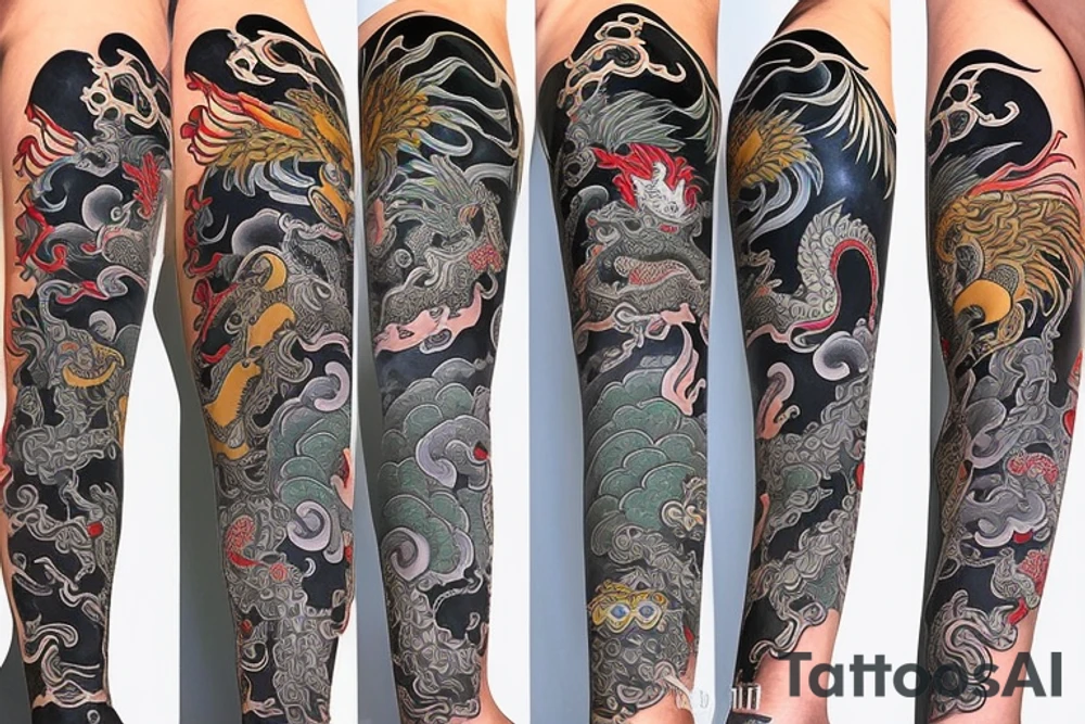 New school style japanese leg sleeve with asian dragons and fantasy spirits. tattoo idea