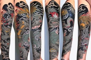 New school style japanese leg sleeve with asian dragons and fantasy spirits. tattoo idea