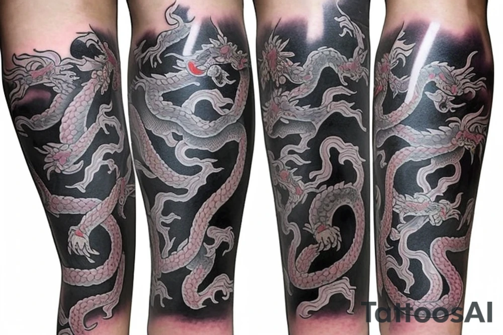 modern new school style japanese leg sleeve with asian dragons tattoo idea