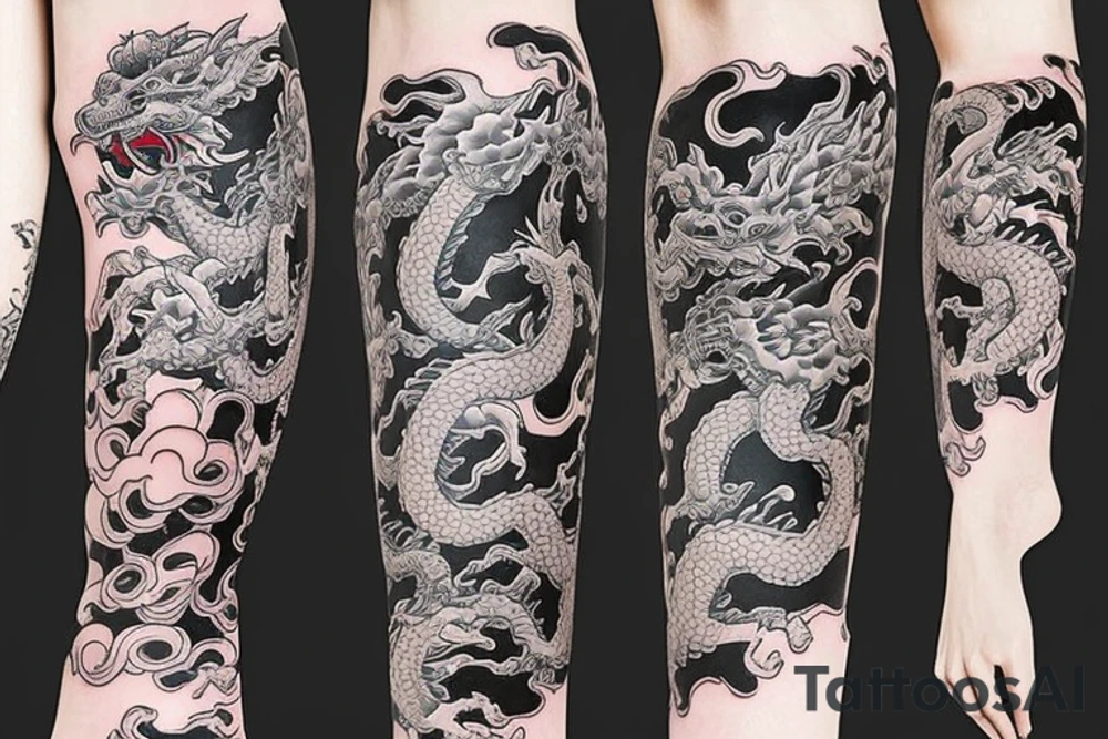 modern new school style japanese leg sleeve with asian dragons tattoo idea