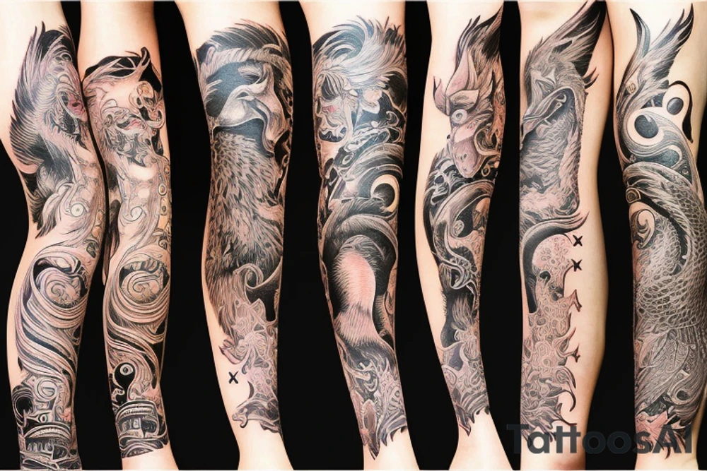new school asian leg sleeve wtih asian mystical animals tattoo idea