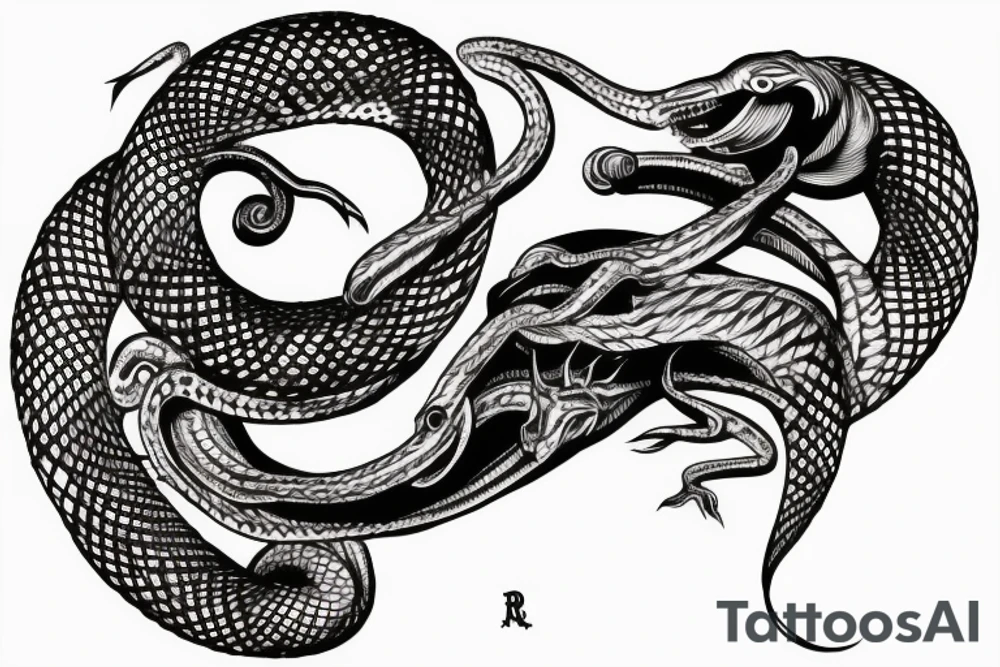 world snake eating its tail in the style of H.R. Giger tattoo idea