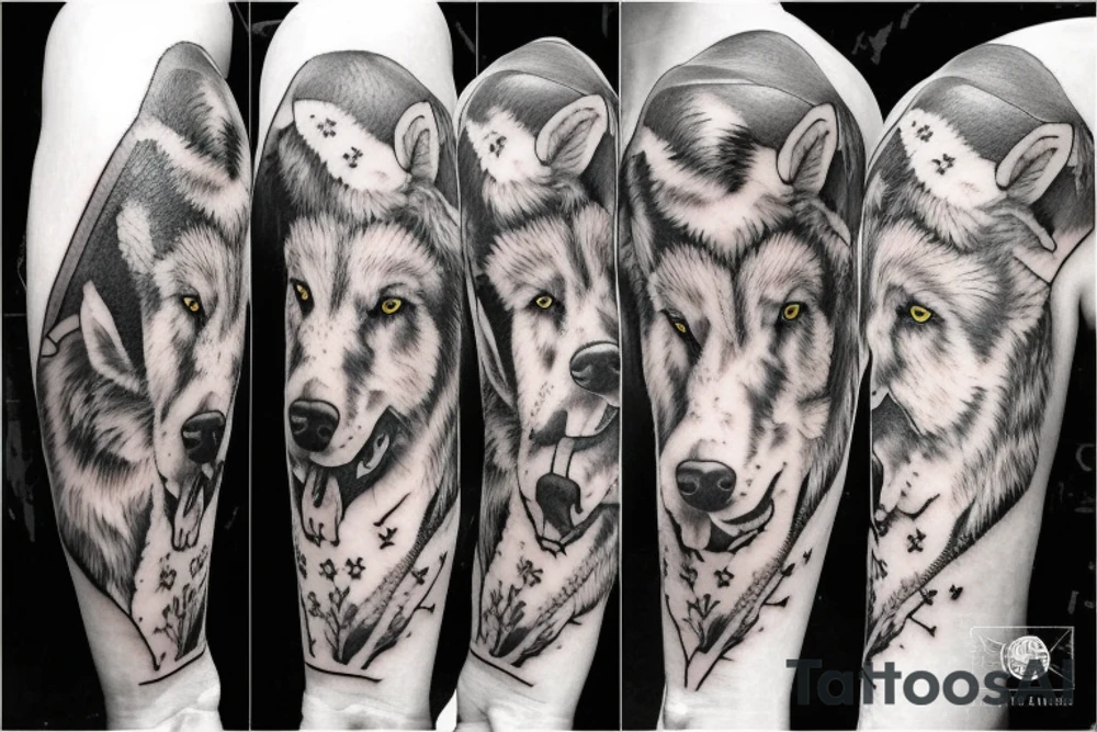 Shepherd with sheep dog and wolves tattoo idea