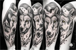 Shepherd with sheep dog and wolves tattoo idea