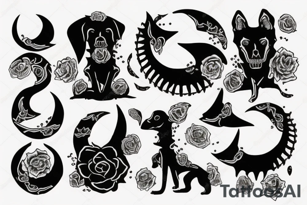 black skeleton dog in front of a half moon tattoo idea