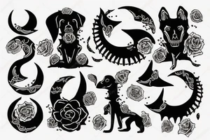 black skeleton dog in front of a half moon tattoo idea