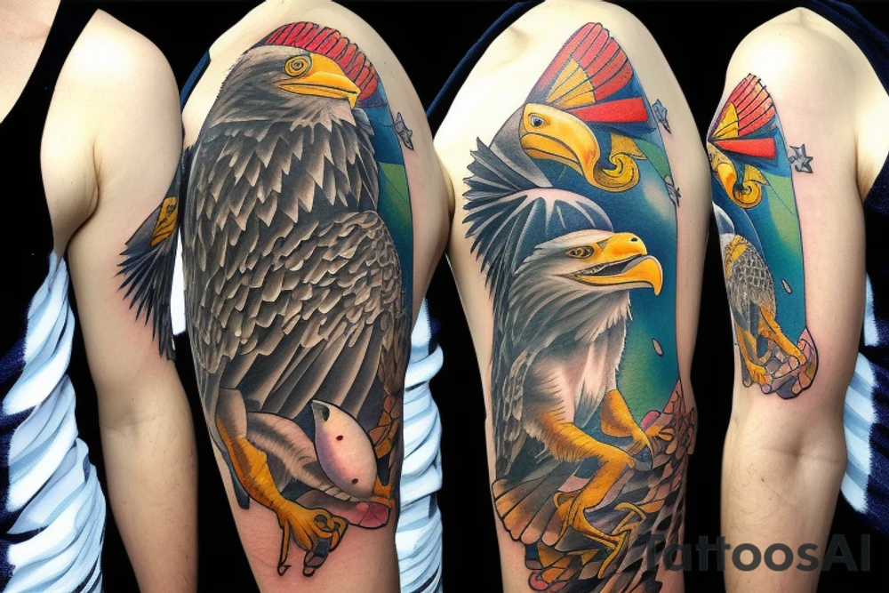 An bald eagle holding a fish with a halo in the fish’s head. tattoo idea