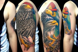 An bald eagle holding a fish with a halo in the fish’s head. tattoo idea