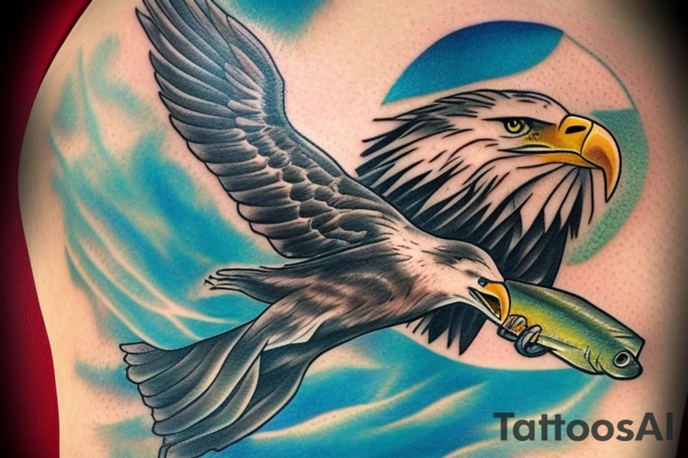 An bald eagle holding a fish with a halo in the fish’s head. tattoo idea