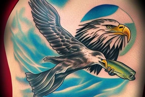 An bald eagle holding a fish with a halo in the fish’s head. tattoo idea