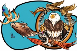 An bald eagle holding a fish with a halo in the fish’s head. tattoo idea