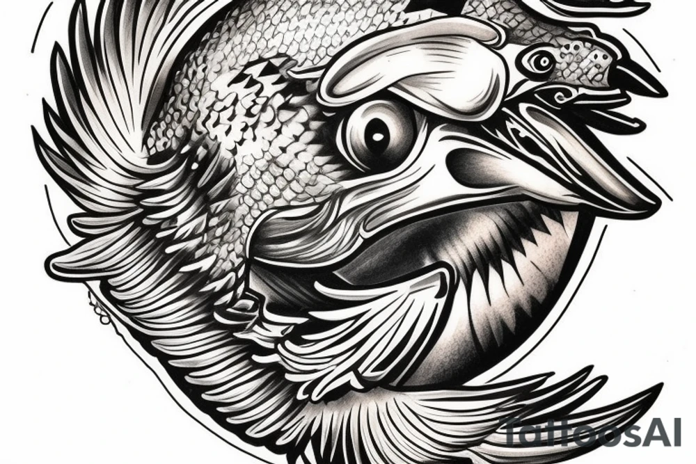 An bald eagle holding a fish with a halo in the fish’s head. tattoo idea