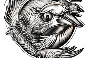An bald eagle holding a fish with a halo in the fish’s head. tattoo idea