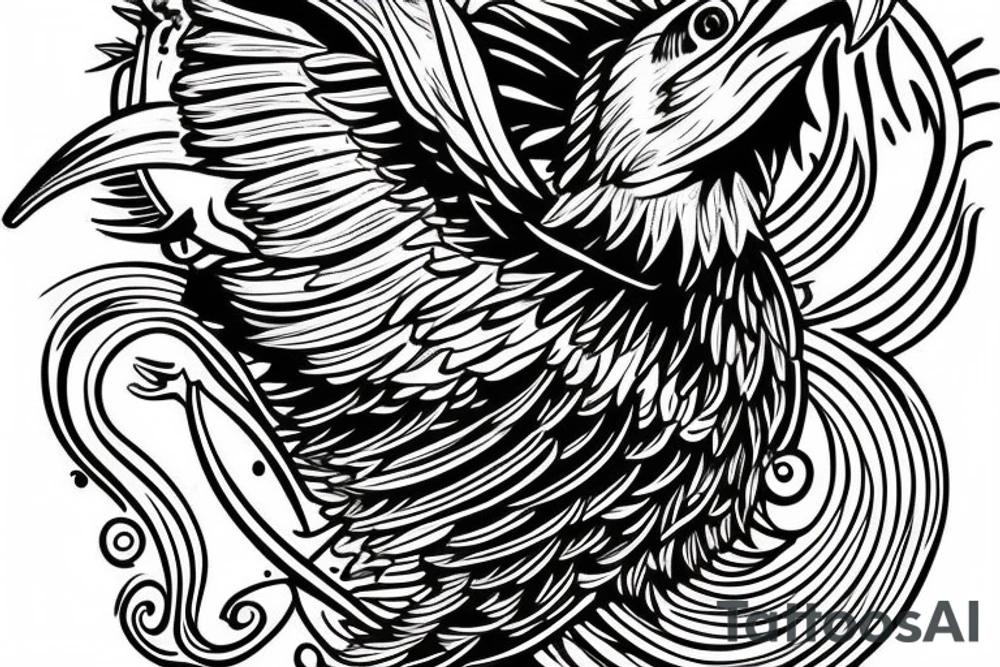 An bald eagle holding a fish with a halo in the fish’s head. tattoo idea