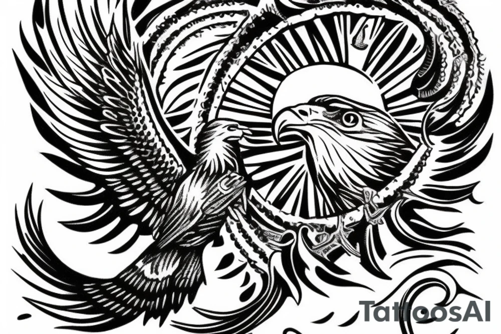 An bald eagle holding a fish with a halo in the fish’s head. tattoo idea
