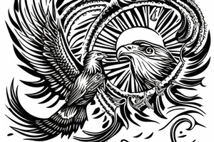 An bald eagle holding a fish with a halo in the fish’s head. tattoo idea