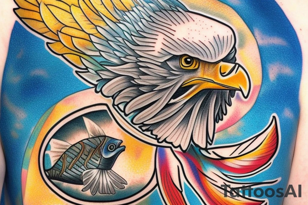An bald eagle holding a fish with a halo in the fish’s head. tattoo idea
