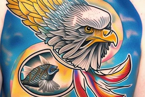 An bald eagle holding a fish with a halo in the fish’s head. tattoo idea